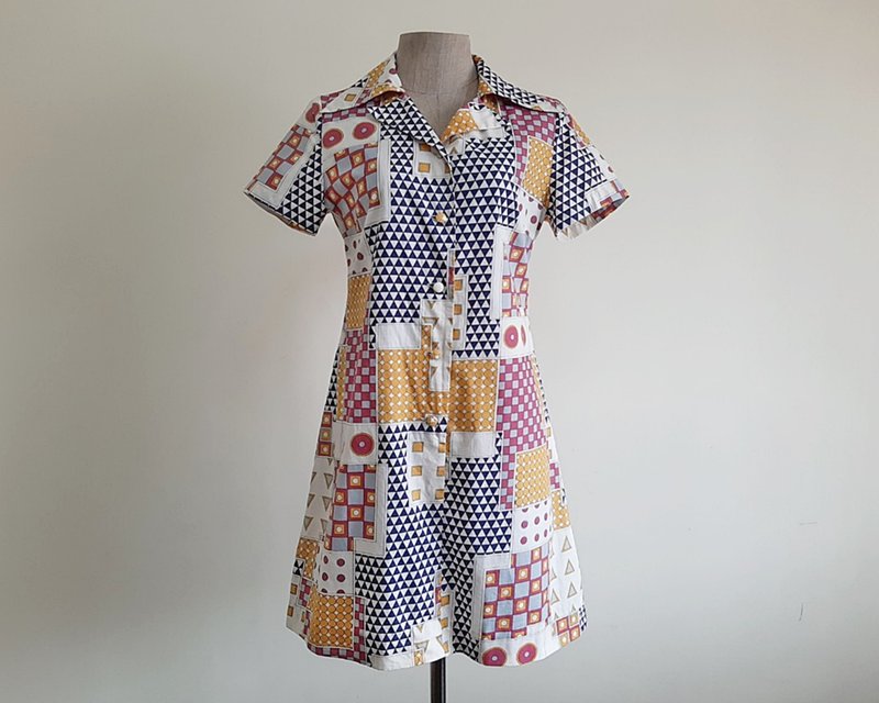 XS Vintage Geometric Print Dress Womens Cotton Mini Dress Mod Dress Shift Dress - 洋裝/連身裙 - 棉．麻 藍色