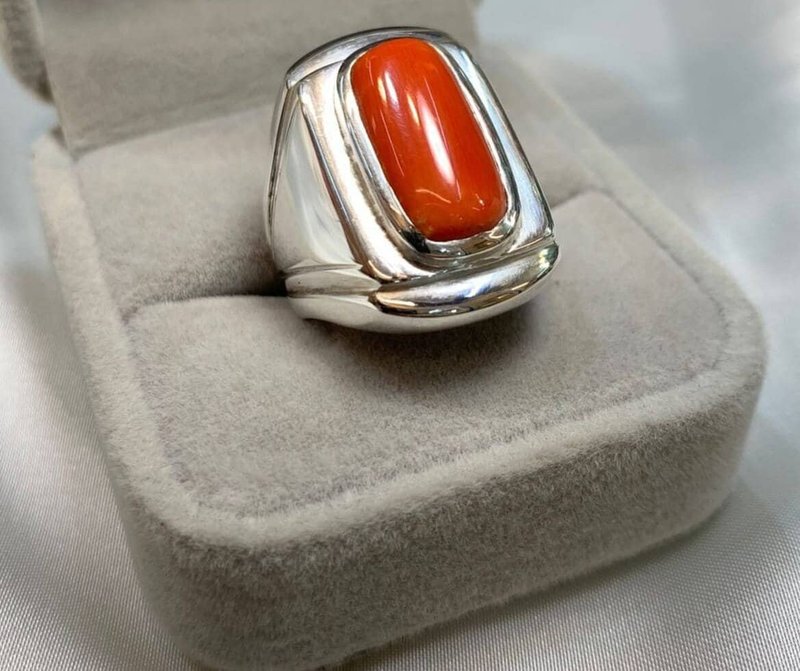 Natural Mens Red Coral Ring Sterling Silver 925 Handmade Ring High Quality Coral - 戒指 - 寶石 紅色