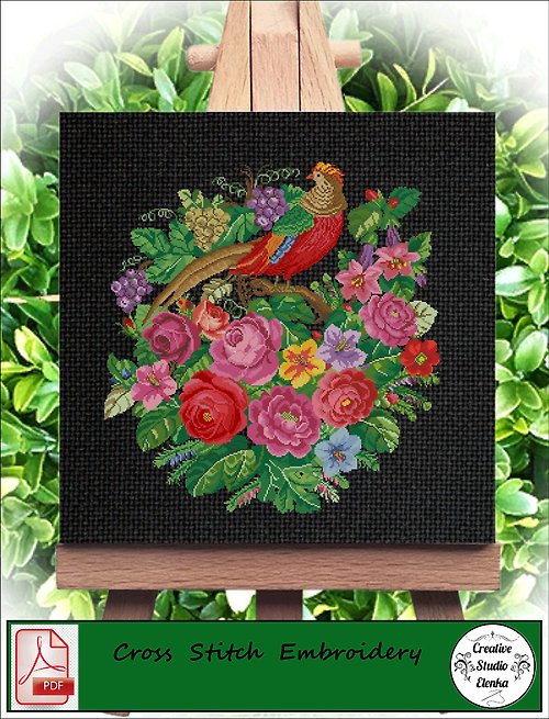 CreativeStudioElenka Vintage Cross Stitch Scheme Pheasant and flowers - PDF Embroidery Scheme