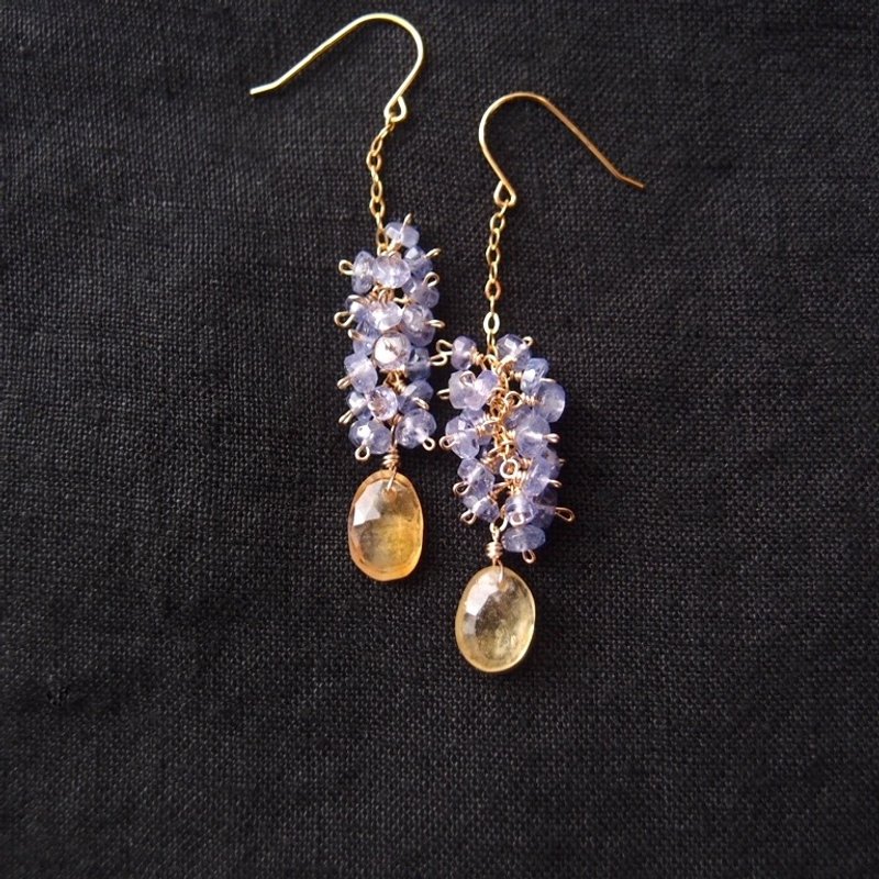 【K14gf】Yellow Sapphire × Tanzanite Earrings　イエローサファイア×タンザナイトピアス - 耳環/耳夾/耳骨夾 - 寶石 黃色