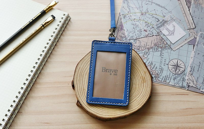 European cowhide ID card holder identification card navy blue vertical/horizontal with lanyard Free lettering packaging - ID & Badge Holders - Genuine Leather Blue
