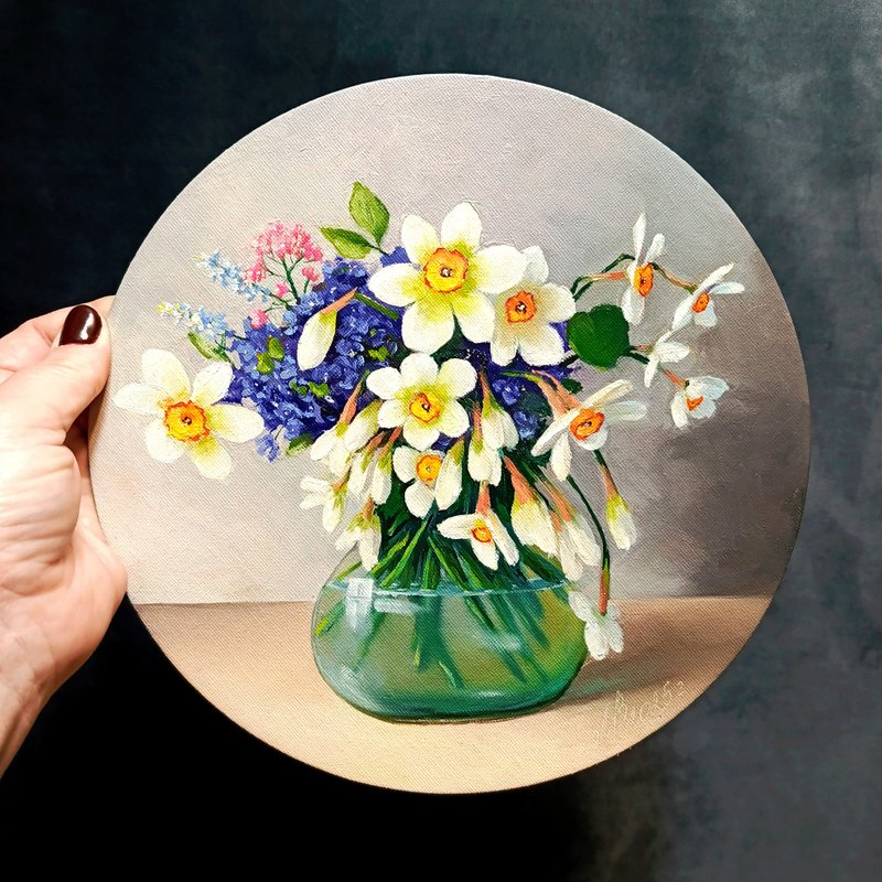 纳西莎的照片。 24x24厘米。 油画。 花卉静物。 - 海報/掛畫/掛布 - 棉．麻 灰色