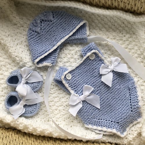 V.I.Angel Hand knit blue and white romper, hat, booties. Take home outfit for baby boy. i
