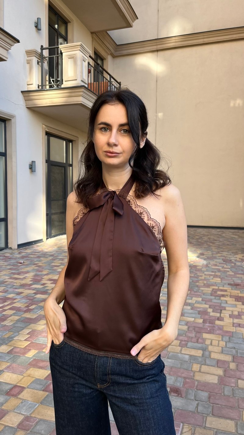 Brown satin halter top with lace trim, open back silk evening top - 女上衣/長袖上衣 - 其他材質 咖啡色