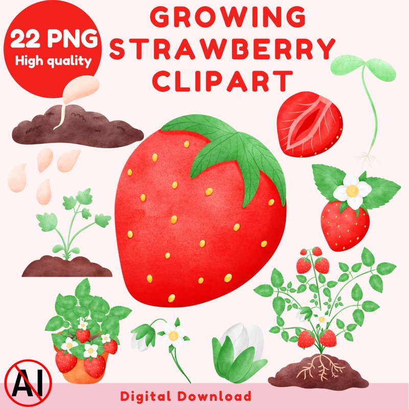 Strawberry Planting and Growth Collage Digital Sticker - 其他數位商品 - 其他材質 