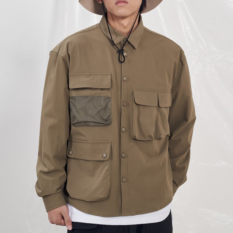多口袋襯衫外套 Multipocket Shirt Jacket/工裝款式/防潑水材質/ - 男夾克/外套 - 棉．麻 綠色