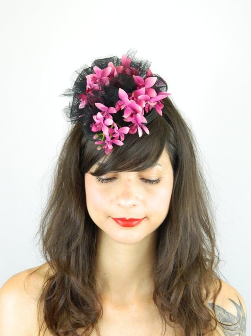 Fascinator Headpiece Silk Pink Orchid Flowers Cascading With Black Tule Veil - Hair Accessories - Other Materials Pink