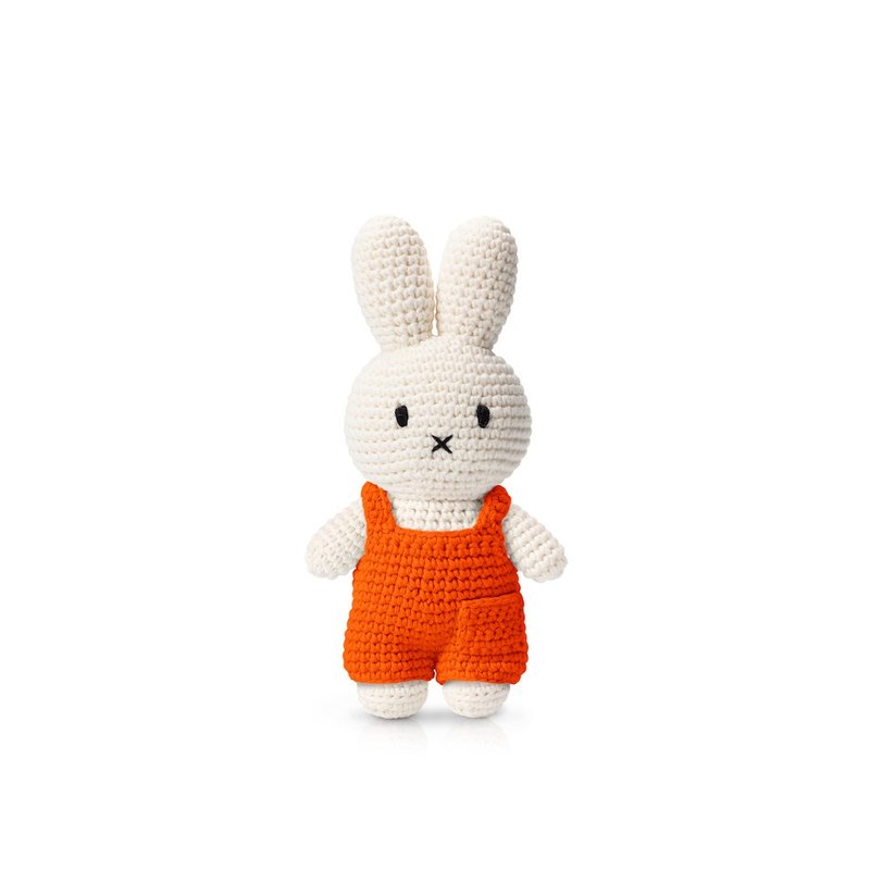 荷蘭Miffy米飛兔【miffy橘紅色吊帶褲】手工鉤針純棉娃娃療癒玩偶 - 公仔/玩偶 - 棉．麻 橘色