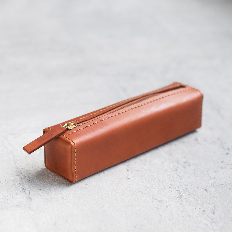 Light brown classy square veg-tanned leather pencil case/pen pouch - กล่องดินสอ/ถุงดินสอ - หนังแท้ สีส้ม