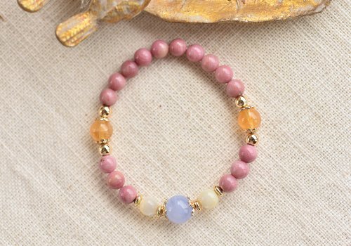 CaWaiiDaisy Handmade Jewelry 玫瑰石+藍紋瑪瑙+黃水晶+珍珠貝黃銅鍍金水晶手鍊