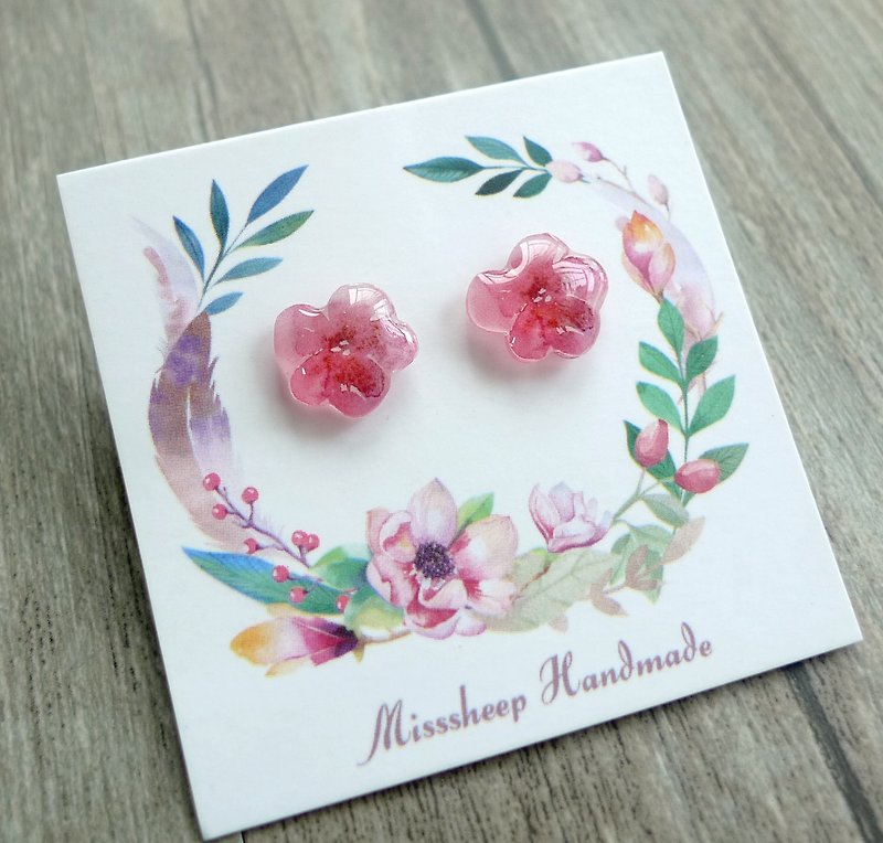 Misssheep- [U03- pink flowers] hand-painted style flower hand-painted flower earrings (ear pin / reversible ear clip) [a pair] - ต่างหู - พลาสติก 