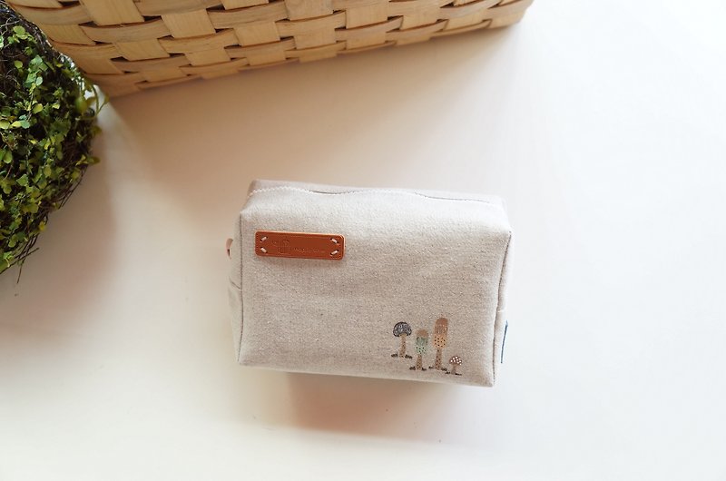 Hand painted small mushrooms in the forest square bag cosmetic bag - Toiletry Bags & Pouches - Cotton & Hemp White