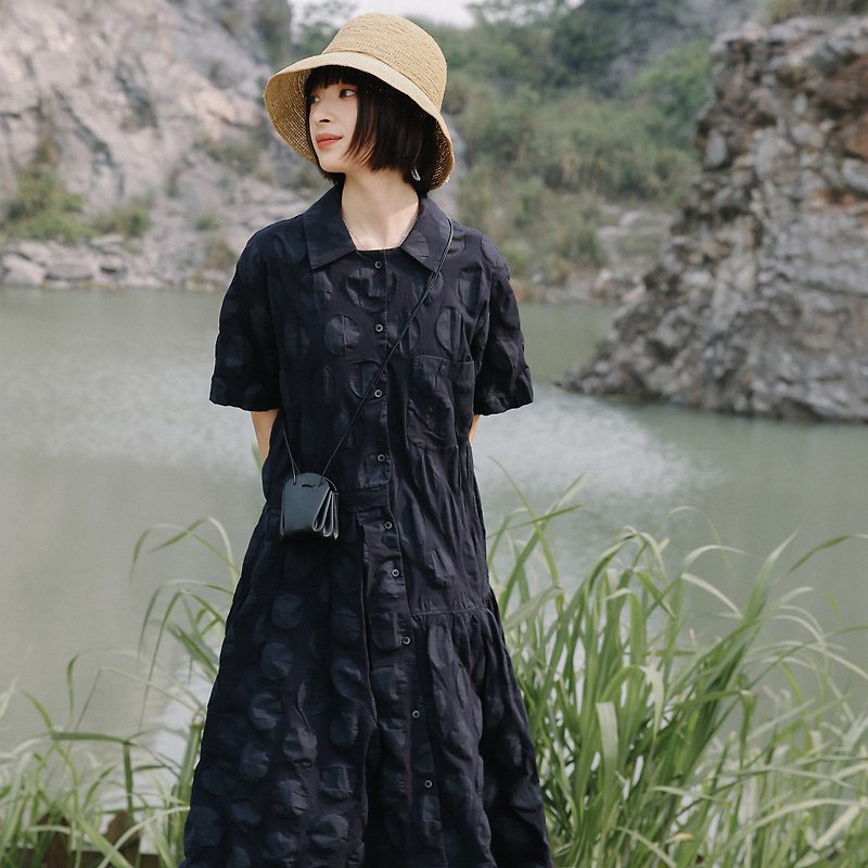 Dark seersucker asymmetric stitching dress | dress | summer | cotton | Sora-285 - One Piece Dresses - Cotton & Hemp 