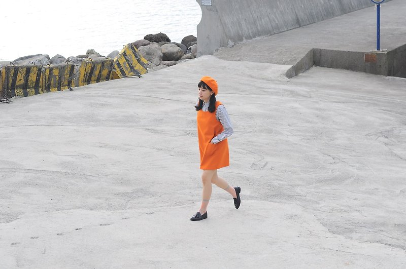 【Off-season sale】Orange light woolen vest dress pocket dress/long top - One Piece Dresses - Wool Orange