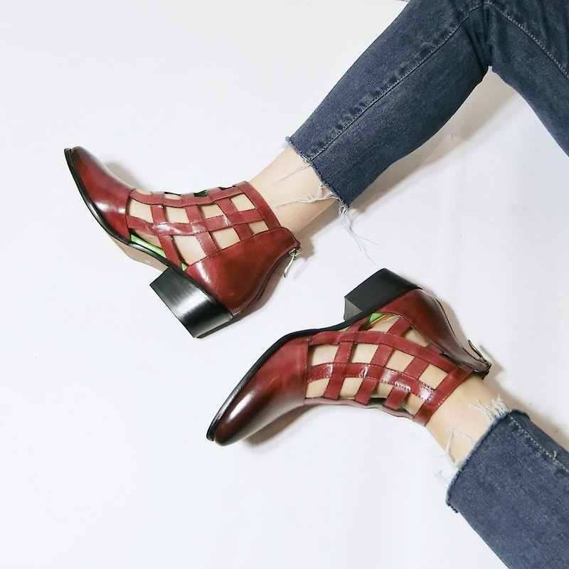 Draw # 8080 || rhombic hollow ankle boots walk in the city's C minor slightly Allegro | | - Women's Booties - Genuine Leather Red