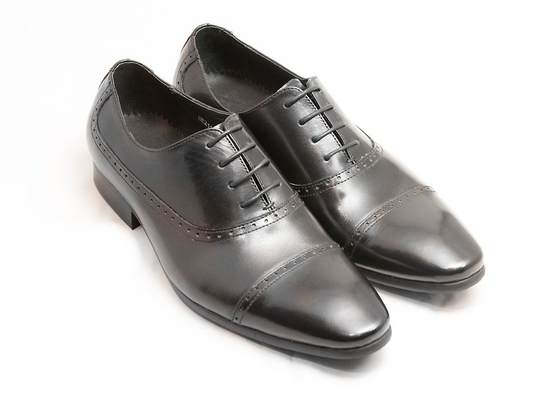 Hand-painted calfskin leather Capetou carved Oxford shoes leather shoes men's shoes-black-E1A01 - รองเท้าอ็อกฟอร์ดผู้ชาย - หนังแท้ สีดำ
