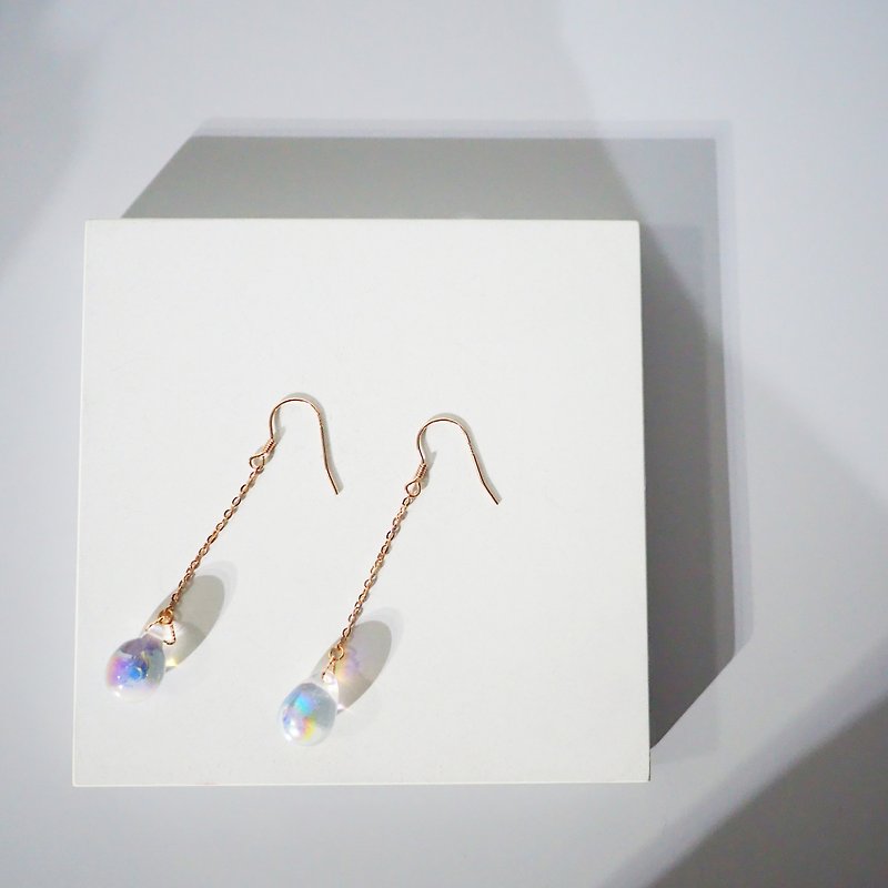 Minimal Hologram Moonstone Glaze Water Dropped 18K Rose Gold Earrings - Earrings & Clip-ons - Glass Multicolor