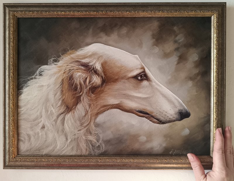 白色獵狼犬肖像油畫原畫狗藝術 30*40 厘米 - 壁貼/牆壁裝飾 - 其他材質 咖啡色