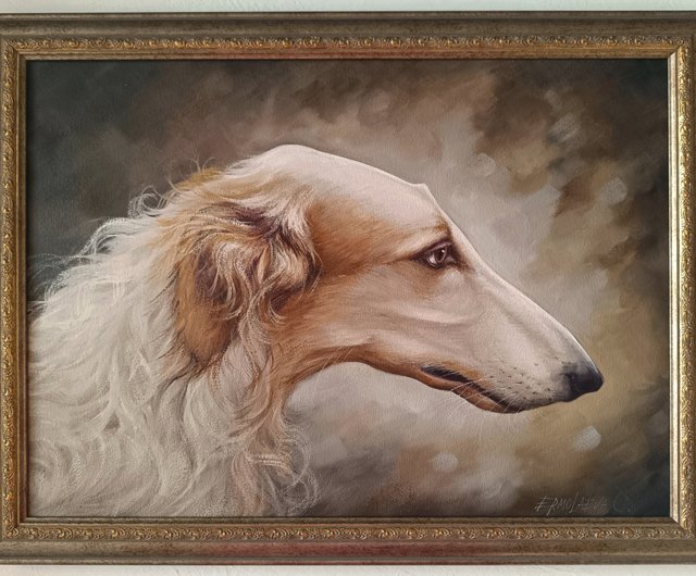 白いボルゾイ犬の肖像画 油絵 オリジナル ドッグアート 30*40 cm