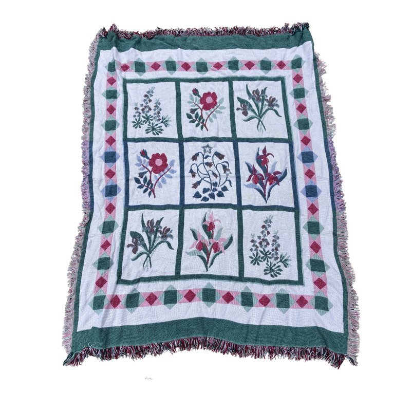 Vintage 70s LL Bean Woven Knit Floral Tapestry Throw Blanket Throw - 棉被/毛毯 - 棉．麻 綠色