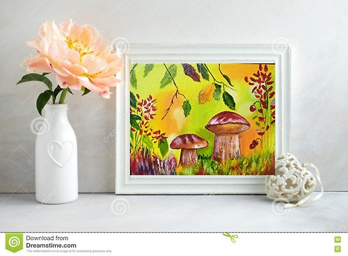 TatyanaZarArt 秋季景观蘑菇和浆果艺术装饰儿童原创油画明亮的绘画装饰幼儿园和