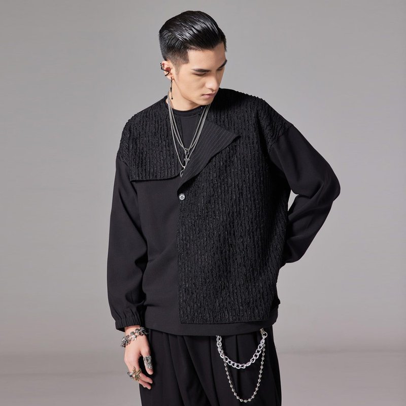 【双 11 限定】品立裁魂系列男士暗黑拼接上衣圓領長袖T恤 - 男 T 恤 - 棉．麻 黑色