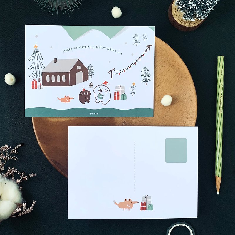 Christmas illustration postcard | Come and exchange gifts hey hey hey - การ์ด/โปสการ์ด - กระดาษ ขาว