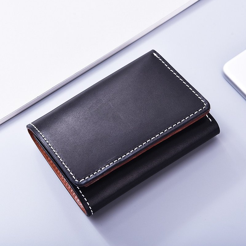 Tree cream leather 3 fold black short clip/wallet/wallet - Wallets - Genuine Leather Black