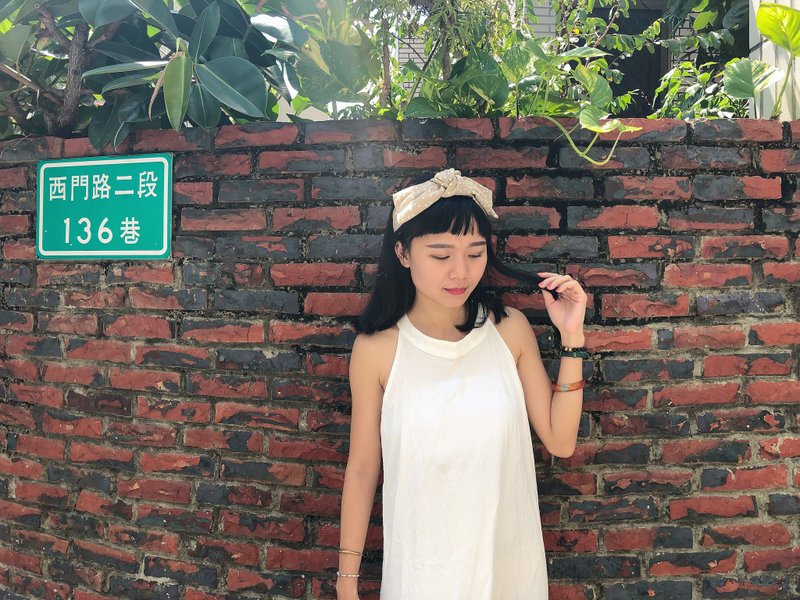 和煦的午後 米杏點點 日系 大蝴蝶扭結髮帶 ggoomstudio - 髮箍/髮帶 - 棉．麻 卡其色