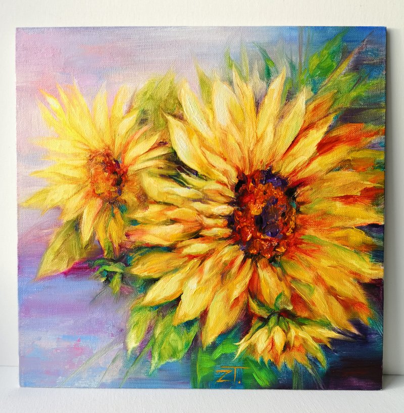Oil Painting Original Art Sunflower on Canvas panel 30x30 cm - 海報/掛畫/掛布 - 其他材質 