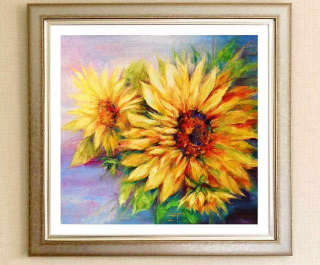 Oil Painting Original Art Sunflower on Canvas panel 30x30 cm