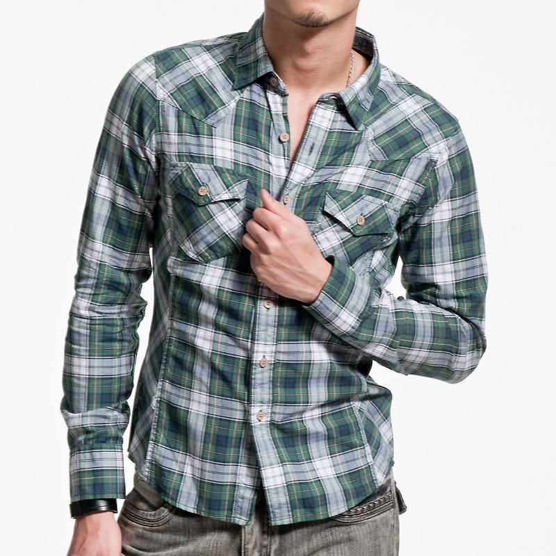 グリーン/ホワイト/ブルー混色チェック柄ウッドボタン長袖シャツ - シャツ メンズ - コットン・麻 
