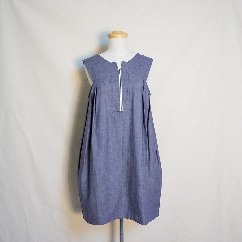 Cotton Linen Zip Front Sleeveless Dress - ชุดเดรส - ผ้าฝ้าย/ผ้าลินิน สีน้ำเงิน