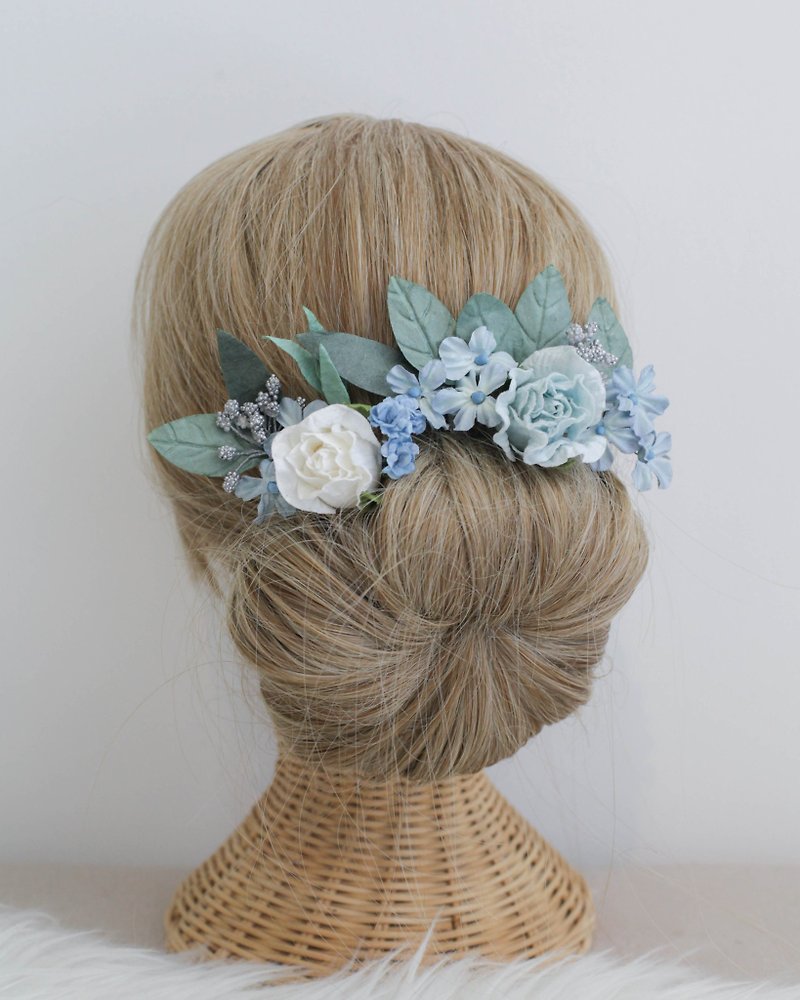(Set 5 pcs.) SILVER BLUE Flower Hair Pink Handmade Paper Flowers - Hair Accessories - Paper Blue