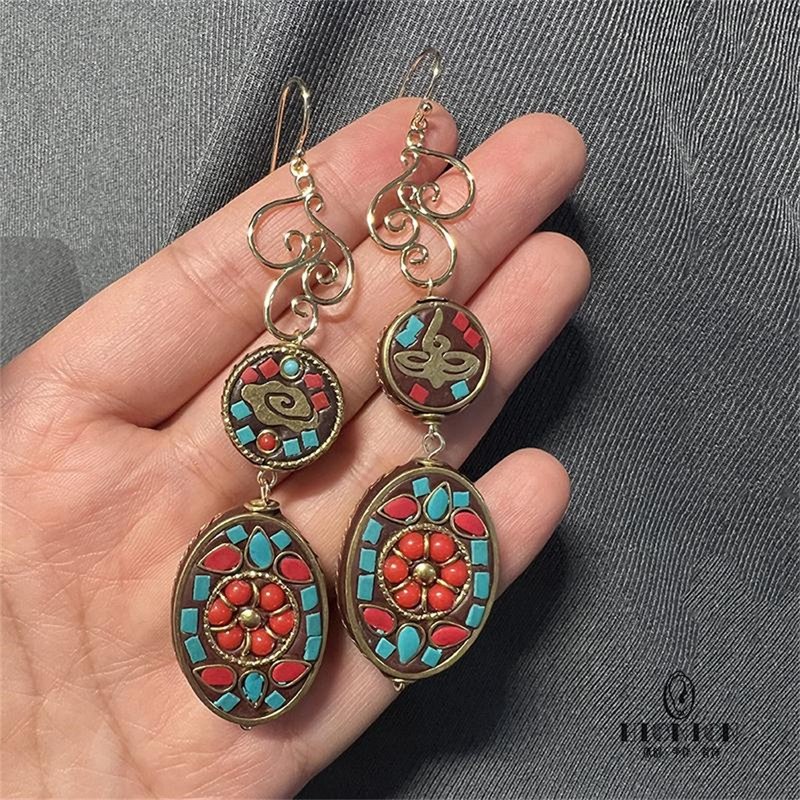 Hi Onion New Chinese Tibetan Lucky Bead Earrings Retro Ethnic Style Ear Clips Exaggerated Niche Long Earrings - ต่างหู - วัสดุอื่นๆ 