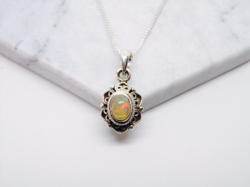 Opal Opal 925 sterling silver necklace, Nepal handmade inlaid lace making birthday gift Valentine's gift - Necklaces - Gemstone Silver