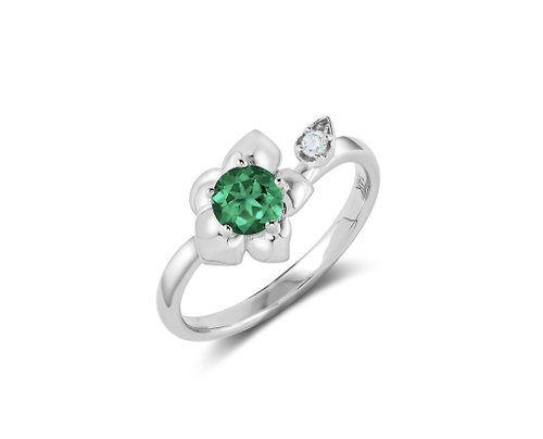 Majade Jewelry Design 祖母綠14k白金鑽石訂婚戒指 非傳統蘭花結婚戒指 大自然花卉戒指