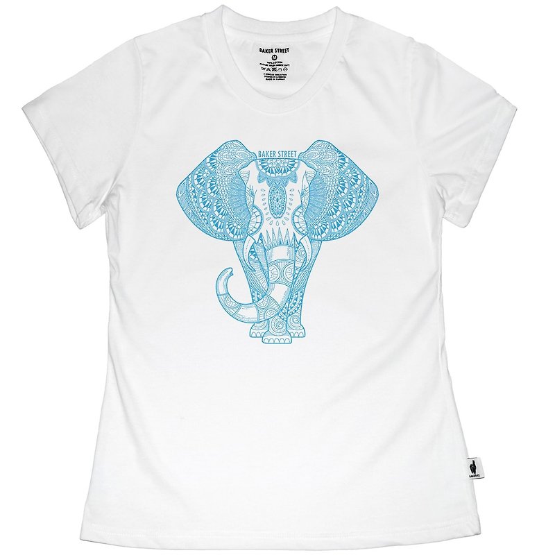 【英國Baker Street 貝克街】女裝 - 純棉短袖T - 禪繞畫大象 - 女 T 恤 - 棉．麻 白色