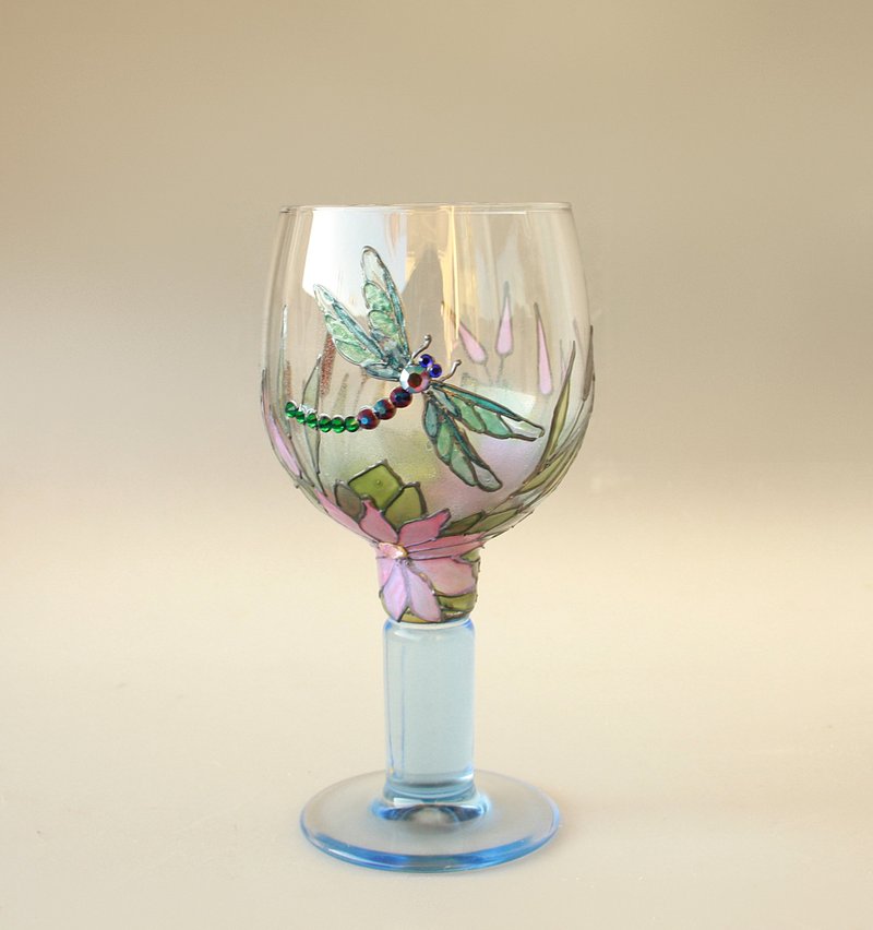 Single Wine Glass Goblet Swarovski Dragonfly Hand-painted - 酒杯/酒器 - 玻璃 藍色