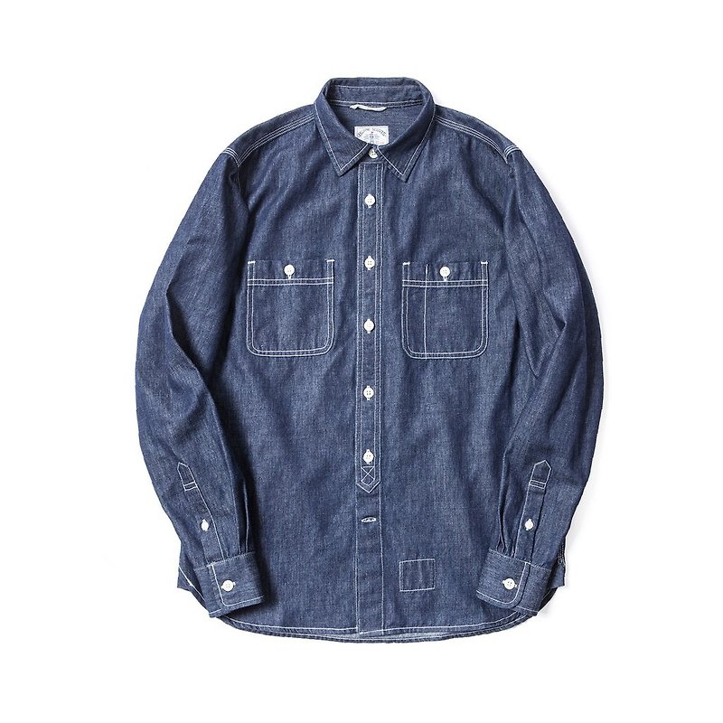 Old Textile Cotton Denim Worker Shirt in Indigo Blue - เสื้อเชิ้ตผู้ชาย - ผ้าฝ้าย/ผ้าลินิน สีน้ำเงิน