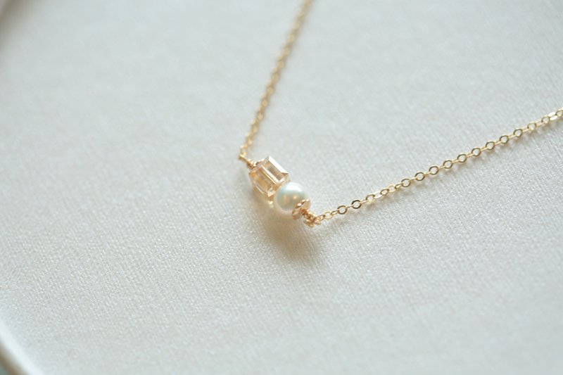 Square tea crystal pearl necklace│14KGF pearl necklace - สร้อยคอ - ไข่มุก สีทอง