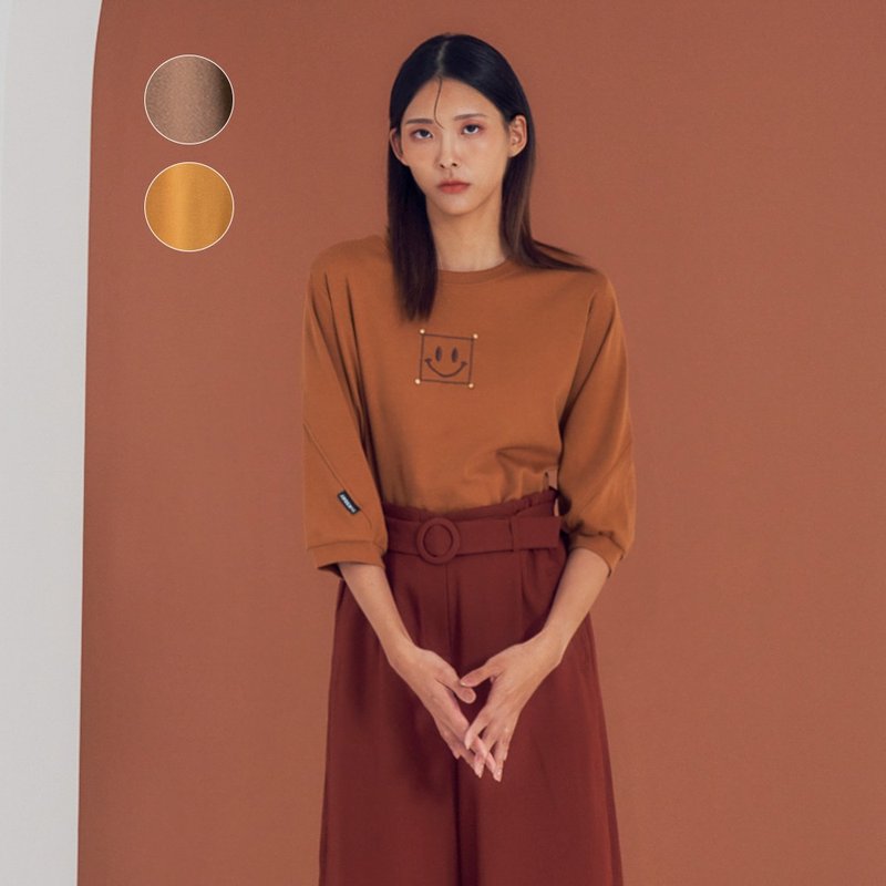 【MEDUSA】笑臉刺繡五分袖T恤-2色(F) | 女上衣 休閒上衣 - 女 T 恤 - 棉．麻 卡其色