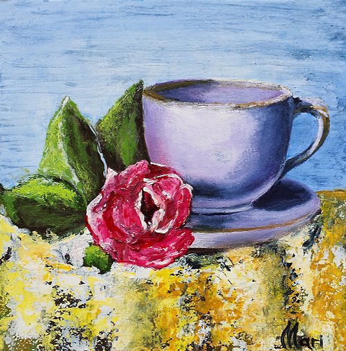 marina-fisher-art Coffee Painting Breakfast Paris Croissant Original Art France Cup Roses Flowers