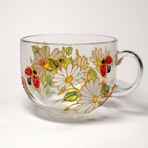 StekloCraft Daisy coffee mug hand painted Ladybug coffee mug Personalised tea cup for her