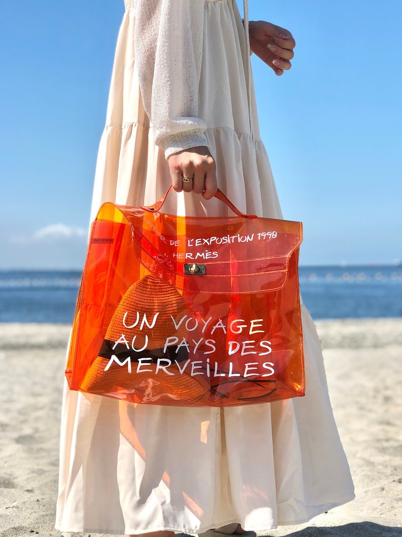 【 日本直送　名牌中古包 】HERMES エルメス ターンロック ビニールケリー ハンドバッグ クリアバッグ オレンジ vintage 4xk2rm - 手提包/手提袋 - 其他材質 橘色