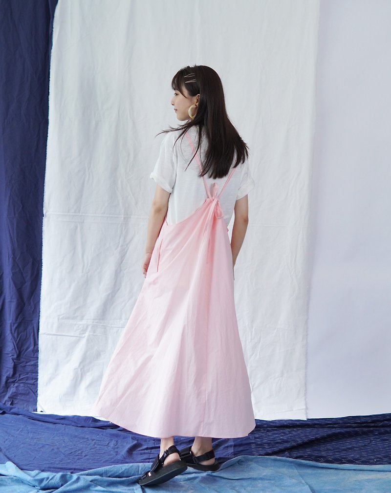Beige pink drawstring dress, seven-point gentle three-point cute, layered suspen - One Piece Dresses - Cotton & Hemp Pink