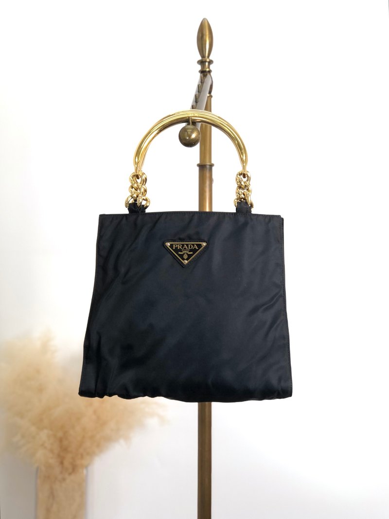 【 日本直送　名牌中古包 】PRADA プラダ ハンドバッグ ブラック トライアングルロゴ ナイロン メタルハンドル vintage ヴィンテージ 783mpx - 手提包/手提袋 - 尼龍 黑色