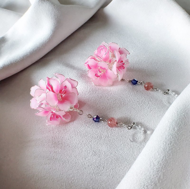 Shili Peach Blossom-Sweet Flower Ball Series-Pair-Resin Earrings. Strawberry Crystal. Love Peach Blossom. Order Making - Earrings & Clip-ons - Resin Pink