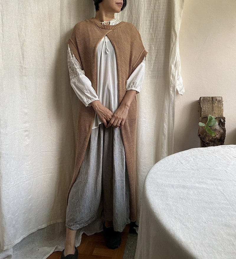 Amoha純棉針織長版兩面穿罩衫-焦糖奶茶色 - 女毛衣/針織衫 - 棉．麻 卡其色
