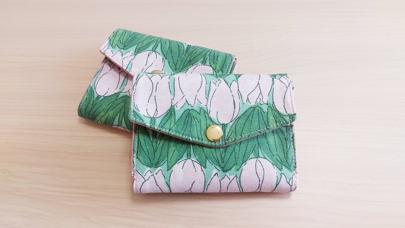 Leodoodoo [Short Clip Three-Layered Coin Purse] Pink Tulip-Handmade Coin Purse-Three-Layered Coin Purse - กระเป๋าสตางค์ - ผ้าฝ้าย/ผ้าลินิน สึชมพู